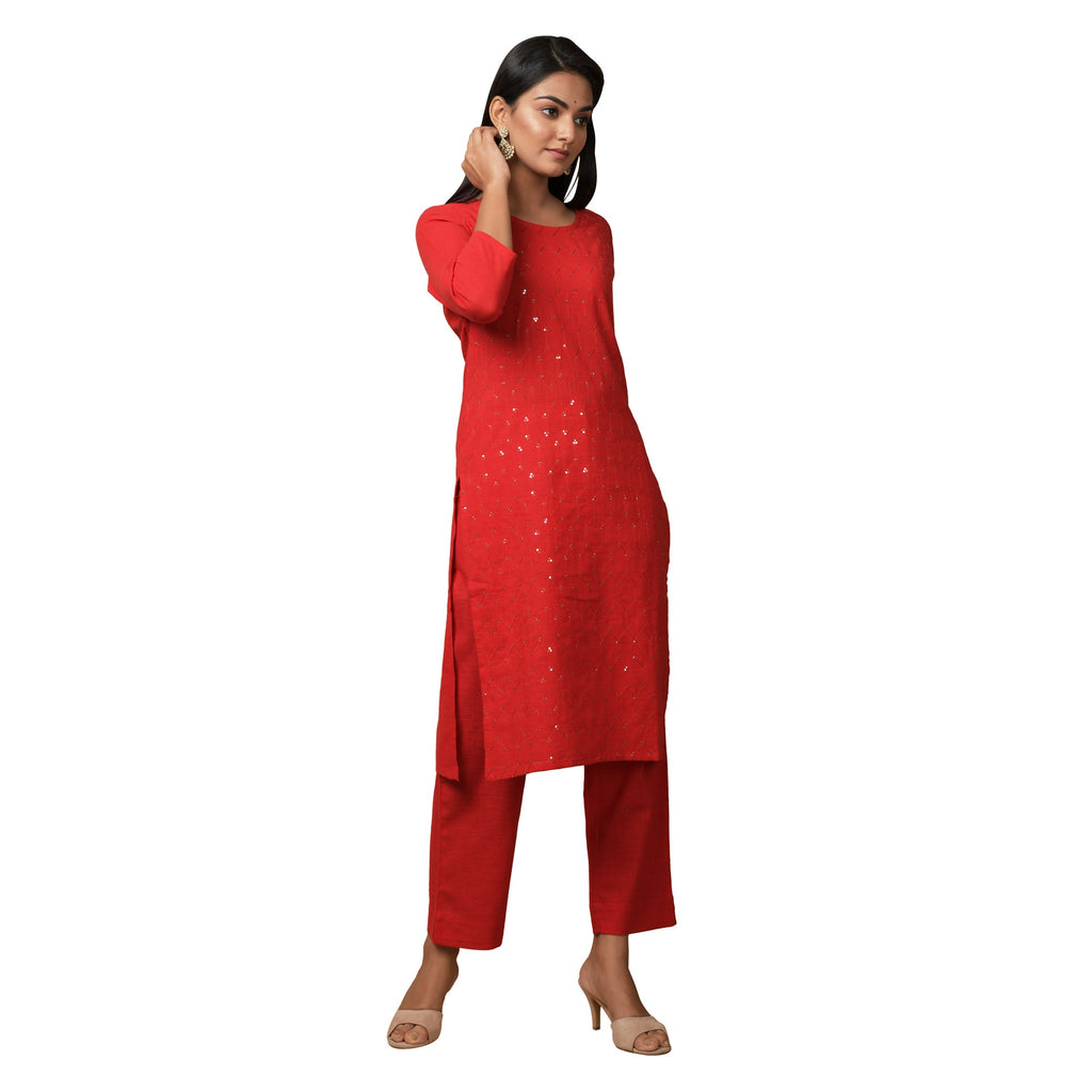 Kaajh Women's Red Solid Sequin Embellishment Kurta - Distacart