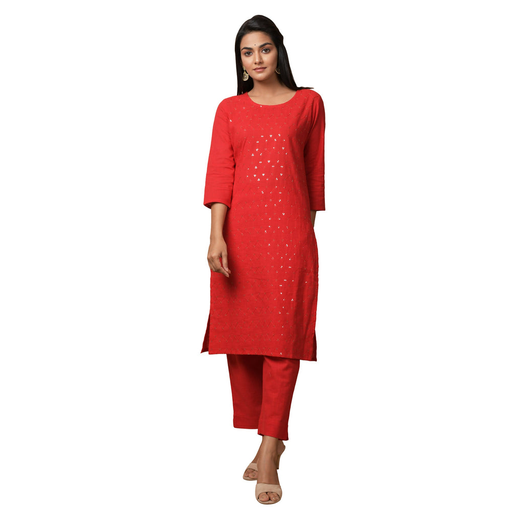 Kaajh Women's Red Solid Sequin Embellishment Kurta - Distacart