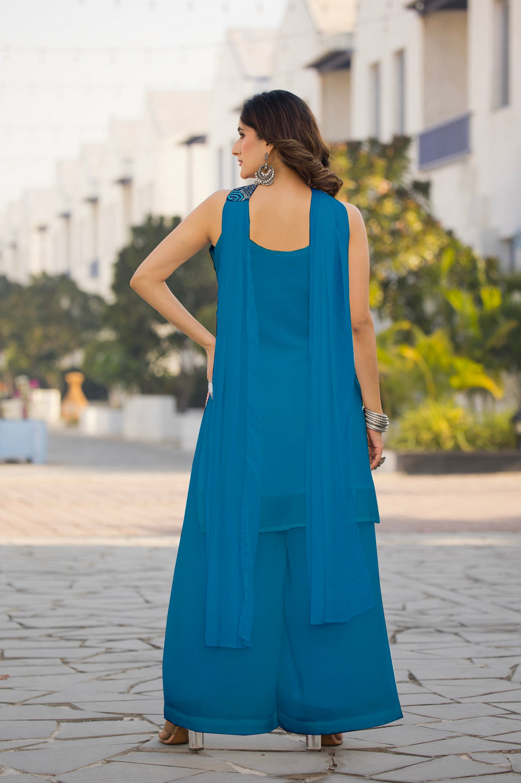 Teeya Creation Blue Color Chinon Silk Heavy Embroidery Work Pakistani Style Fully Stitched Salwar Suit