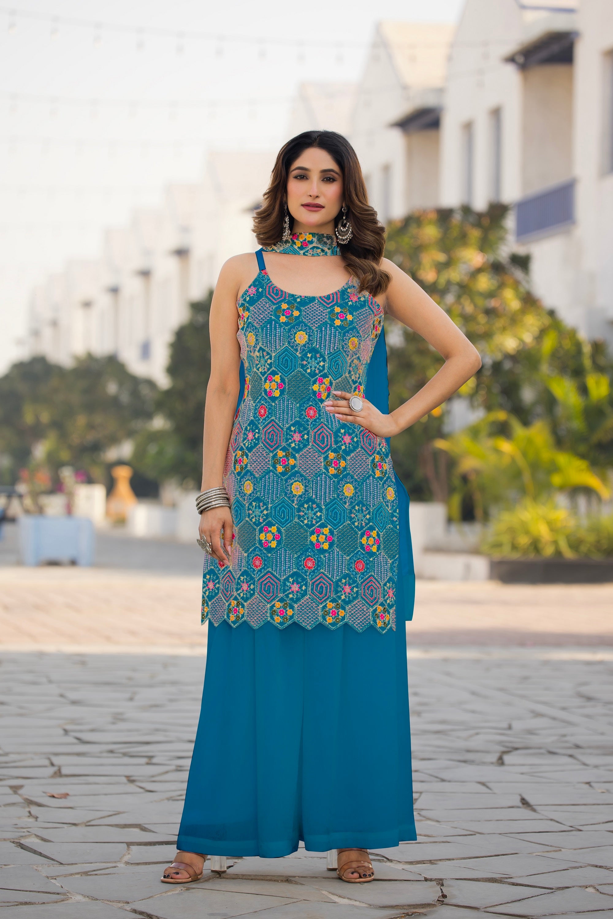 Teeya Creation Blue Color Chinon Silk Heavy Embroidery Work Pakistani Style Fully Stitched Salwar Suit