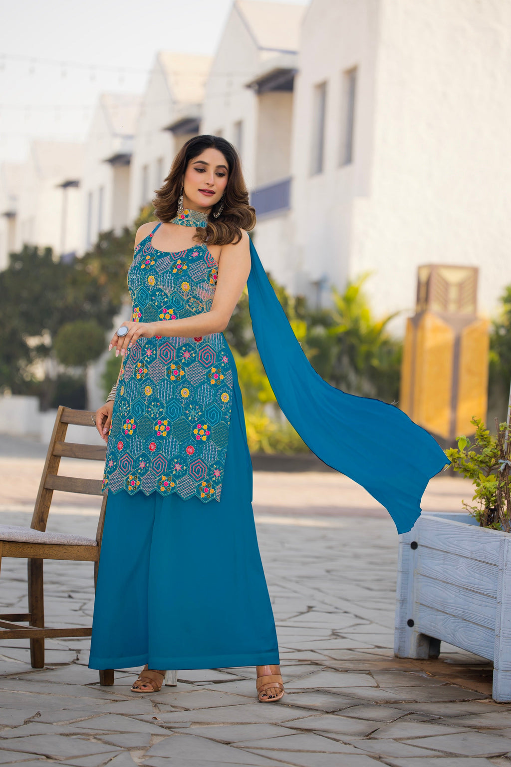 Teeya Creation Blue Color Chinon Silk Heavy Embroidery Work Pakistani Style Fully Stitched Salwar Suit