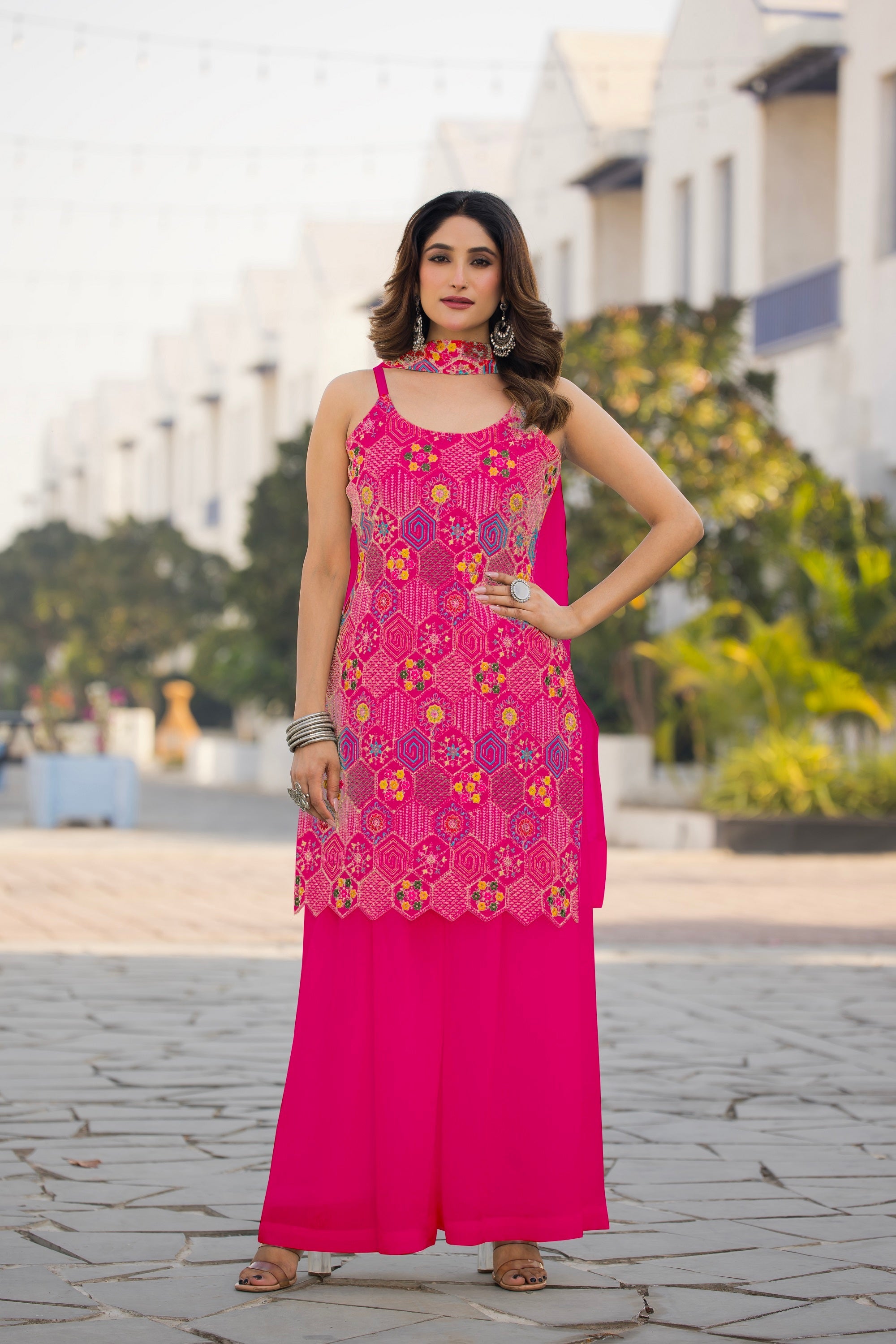 Teeya Creation Pink Color Chinon Silk Heavy Embroidery Work Pakistani Style Fully Stitched Salwar Suit