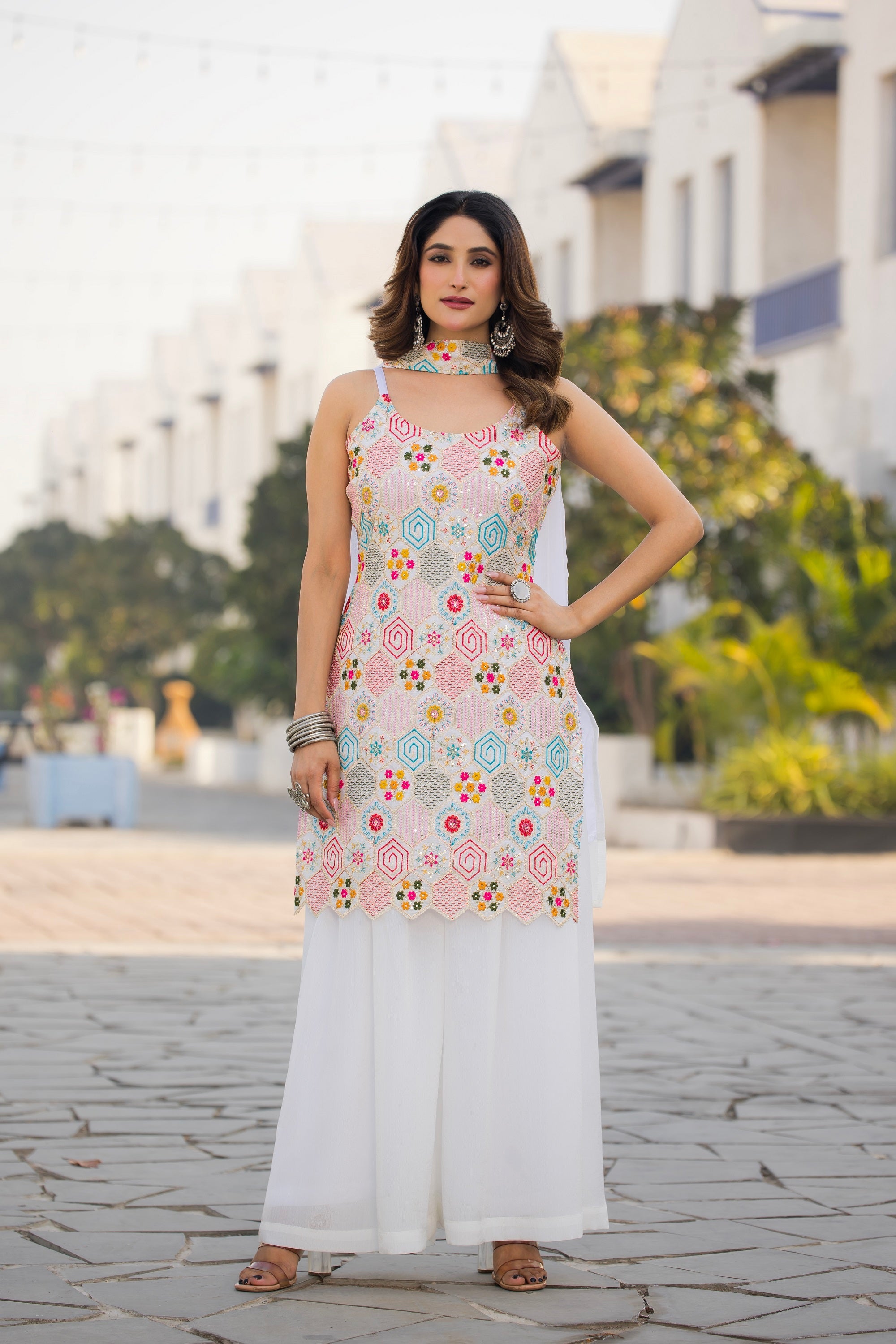 Teeya Creation White Color Chinon Silk Heavy Embroidery Work Pakistani Style Fully Stitched Salwar Suit