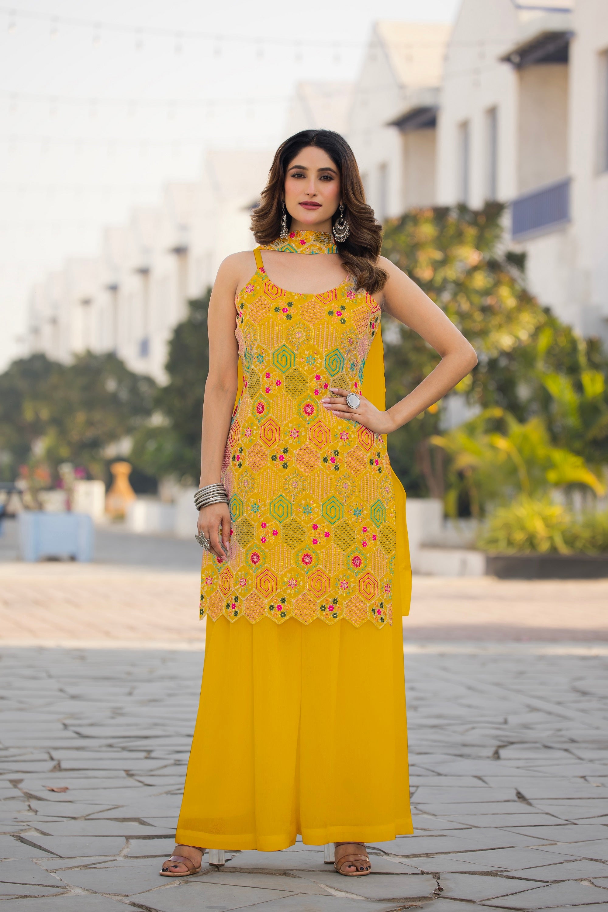 Teeya Creation Yellow Color Chinon Silk Heavy Embroidery Work Pakistani Style Fully Stitched Salwar Suit