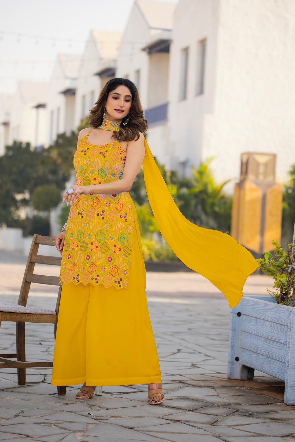 Teeya Creation Yellow Color Chinon Silk Heavy Embroidery Work Pakistani Style Fully Stitched Salwar Suit