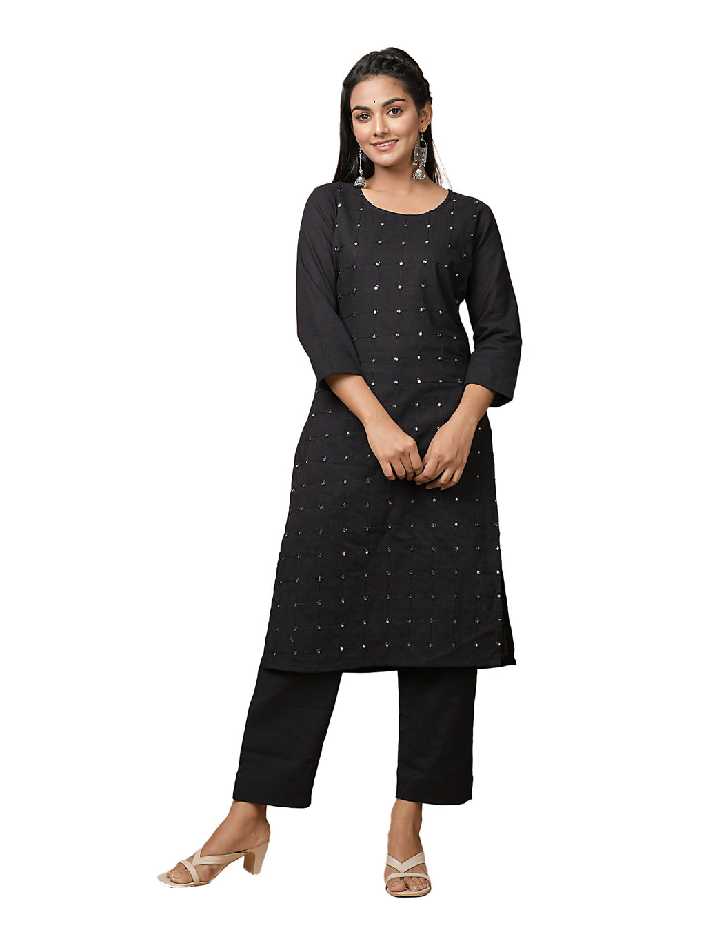 Kaajh Women's Black Solid Mirror Embellishment Kurta - Distacart