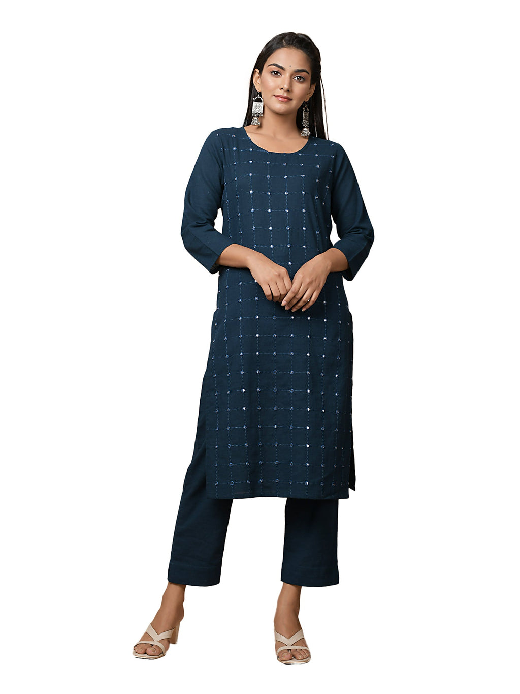 Kaajh Women's Blue Solid Mirror Embellishment Kurta - Distacart