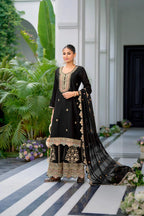 Teeya Creation Black Color Chinnon Silk Heavy Embroidery Work Festival Wear Fully Stitched Sharara Suit - Distacart