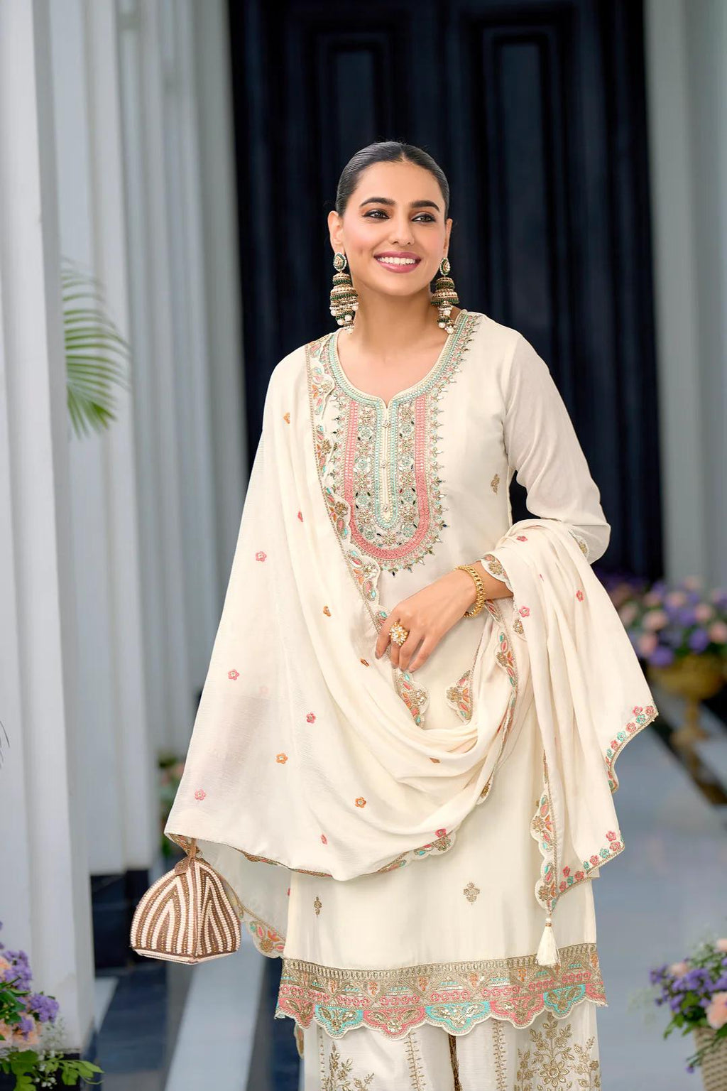 Teeya Creation White Color Chinnon Silk Heavy Embroidery Work Festival Wear Fully Stitched Sharara Suit - Distacart