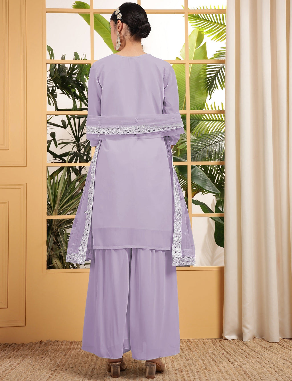Teeya Creation Lavender Color Georgette Fabric Heavy Embroidery Work Fully Stitched Palazzo Set
