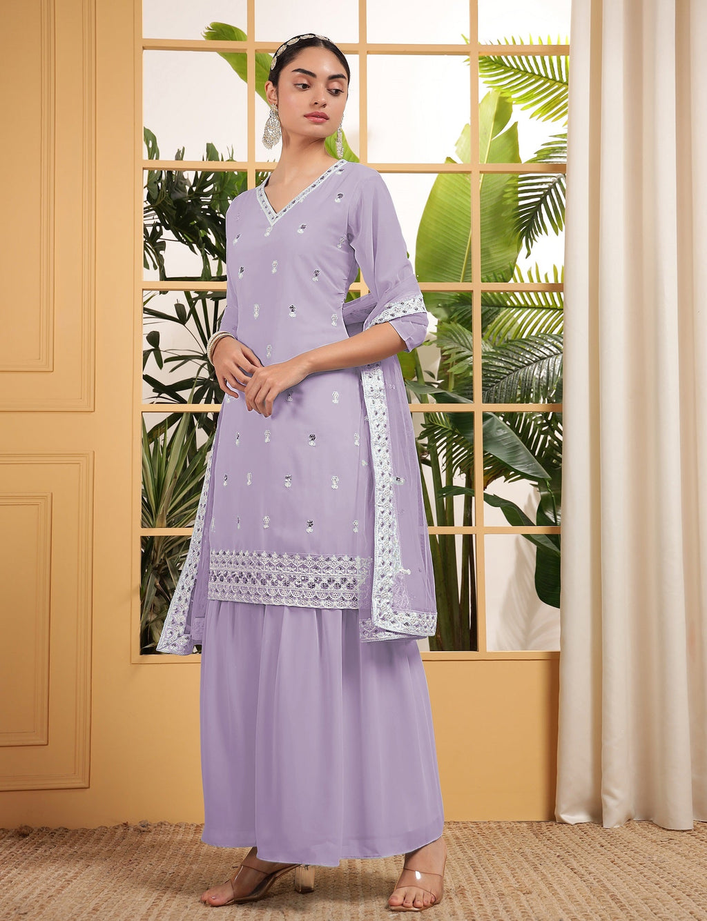 Teeya Creation Lavender Color Georgette Fabric Heavy Embroidery Work Fully Stitched Palazzo Set