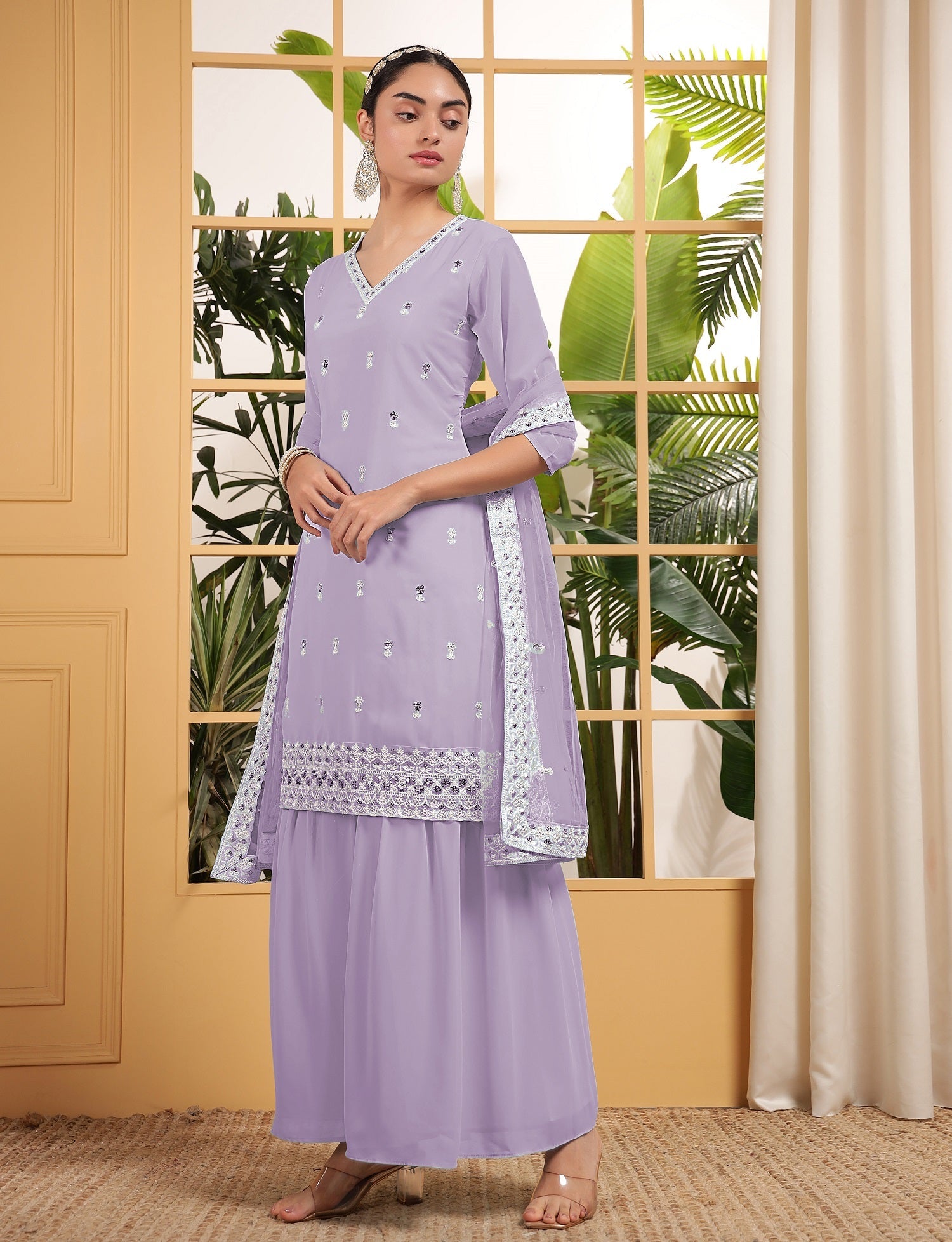 Teeya Creation Lavender Color Georgette Fabric Heavy Embroidery Work Fully Stitched Palazzo Set