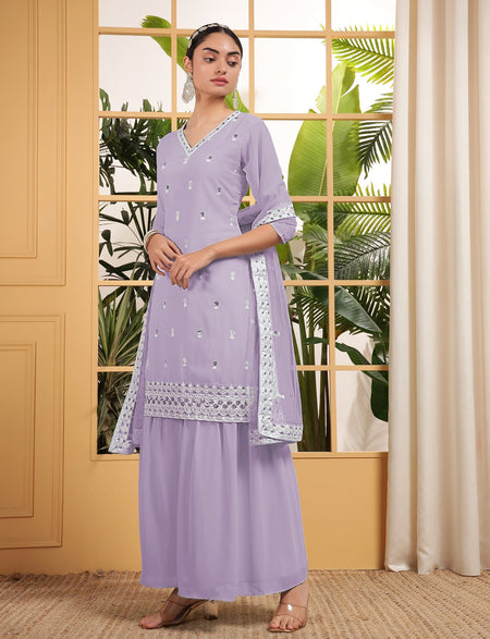 Teeya Creation Lavender Color Georgette Fabric Heavy Embroidery Work Fully Stitched Palazzo Set