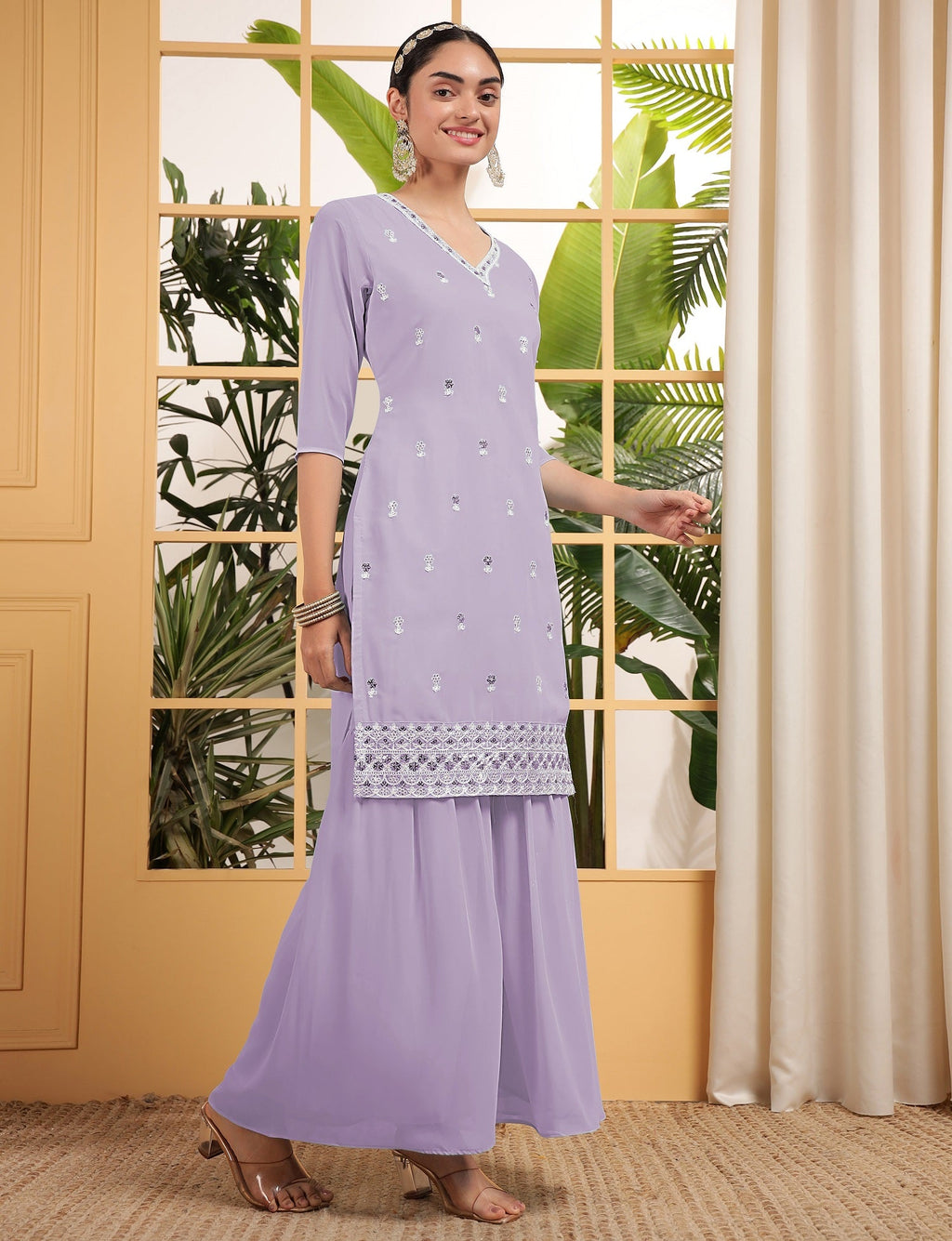 Teeya Creation Lavender Color Georgette Fabric Heavy Embroidery Work Fully Stitched Palazzo Set