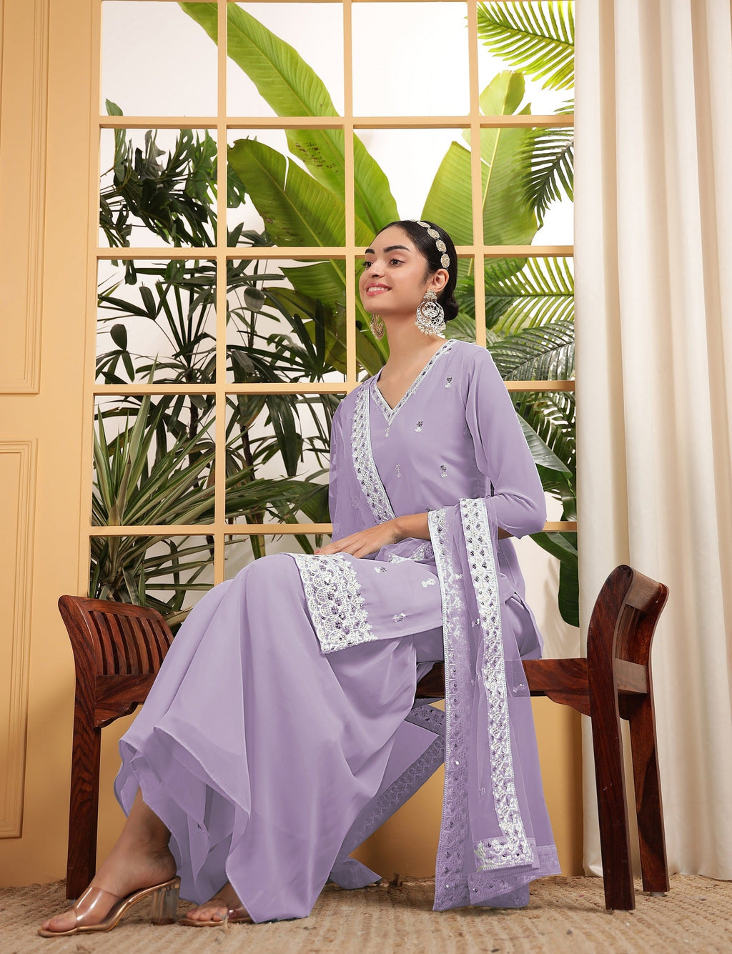 Teeya Creation Lavender Color Georgette Fabric Heavy Embroidery Work Fully Stitched Palazzo Set