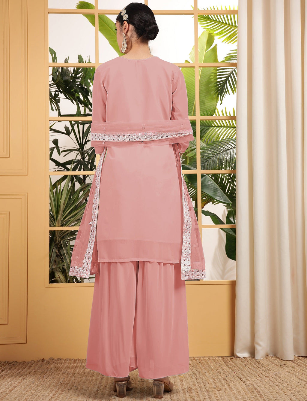 Teeya Creation Peach Color Georgette Fabric Heavy Embroidery Work Fully Stitched Palazzo Set