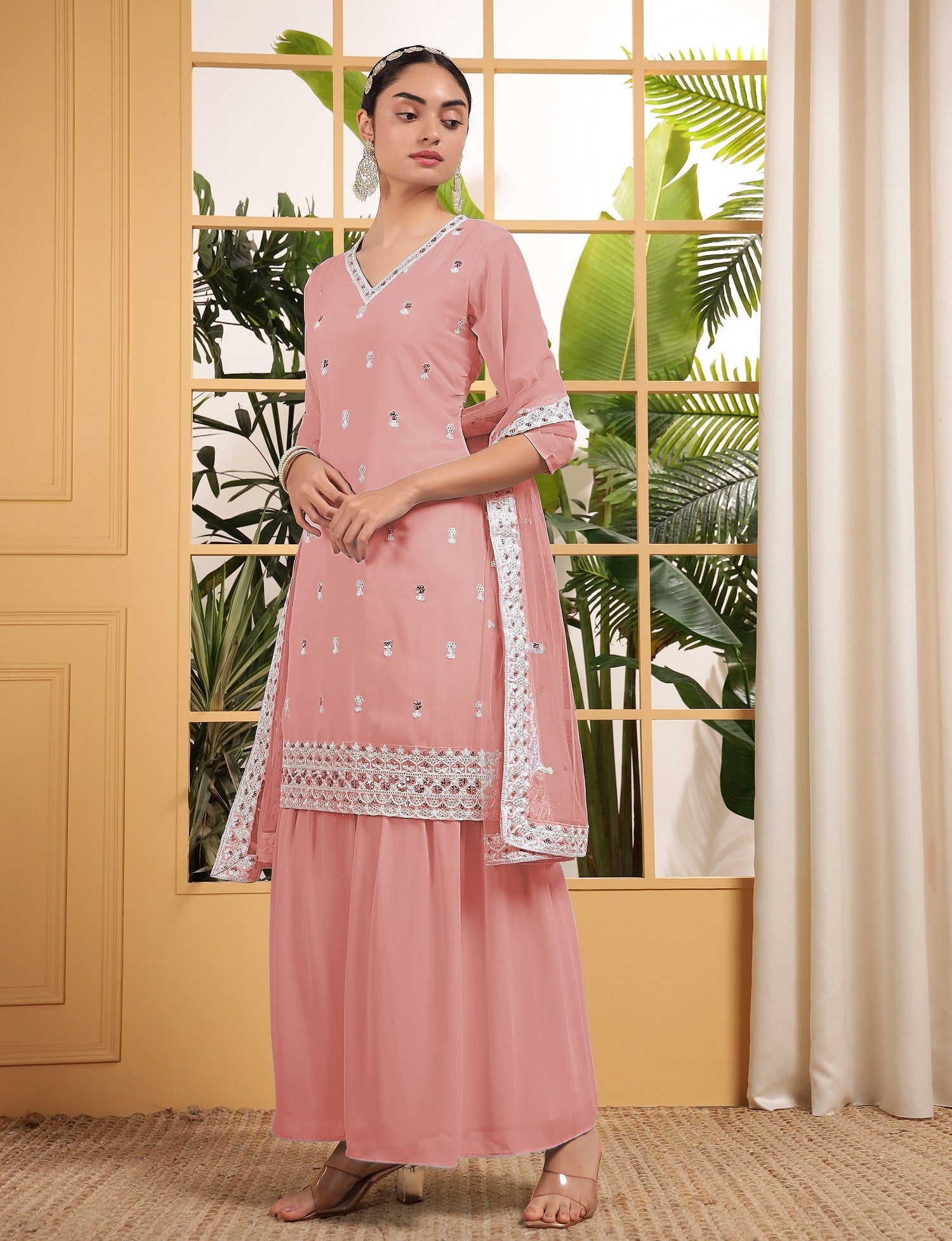 Teeya Creation Peach Color Georgette Fabric Heavy Embroidery Work Fully Stitched Palazzo Set