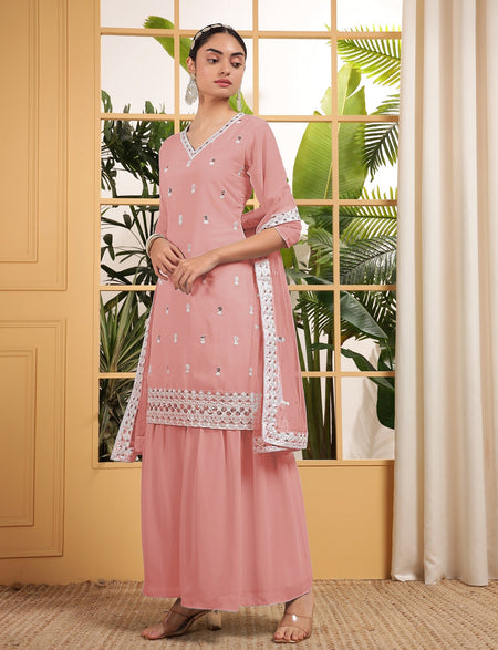 Teeya Creation Peach Color Georgette Fabric Heavy Embroidery Work Fully Stitched Palazzo Set