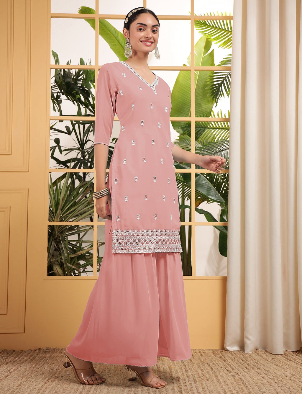 Teeya Creation Peach Color Georgette Fabric Heavy Embroidery Work Fully Stitched Palazzo Set