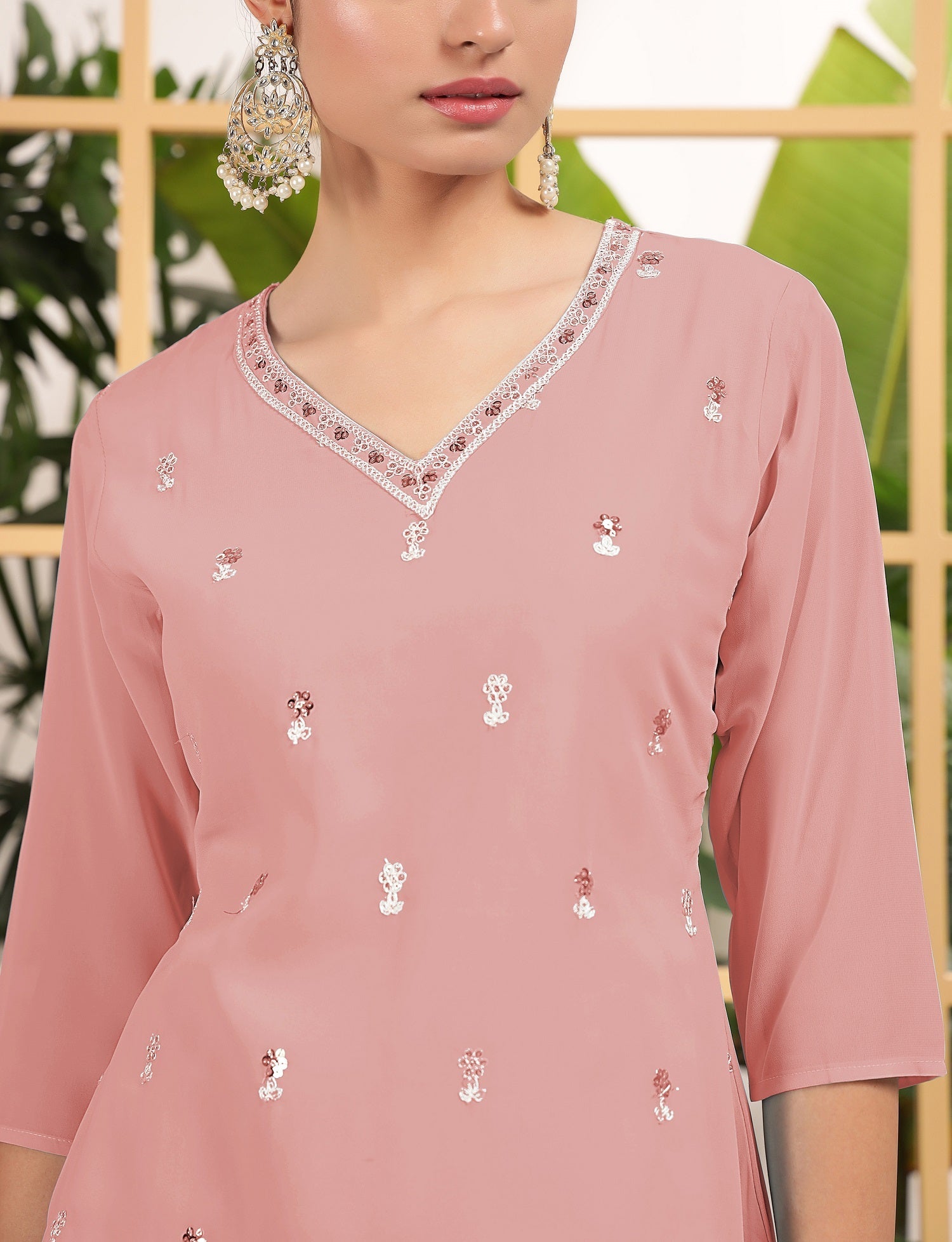 Teeya Creation Peach Color Georgette Fabric Heavy Embroidery Work Fully Stitched Palazzo Set