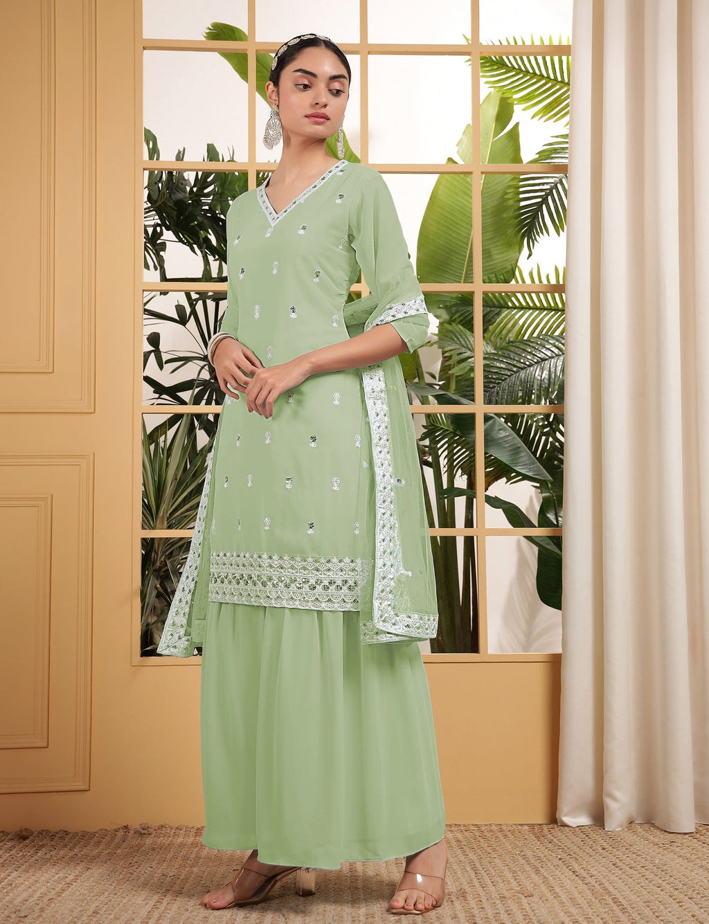 Teeya Creation Pista Color Georgette Fabric Heavy Embroidery Work Fully Stitched Palazzo Set
