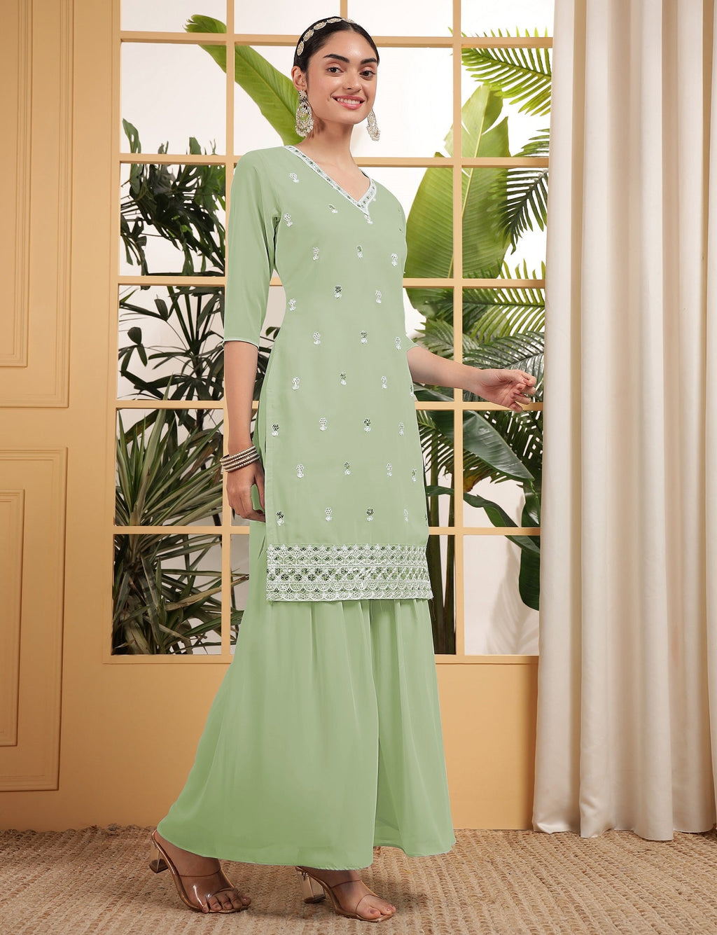 Teeya Creation Pista Color Georgette Fabric Heavy Embroidery Work Fully Stitched Palazzo Set