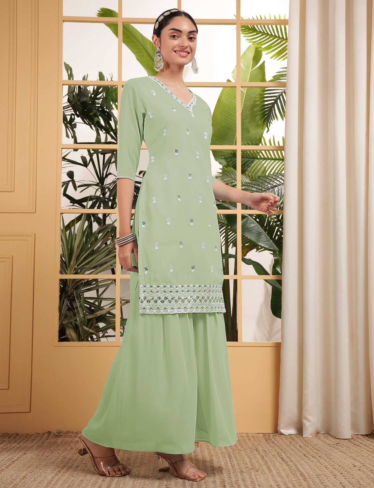 Teeya Creation Pista Color Georgette Fabric Heavy Embroidery Work Fully Stitched Palazzo Set