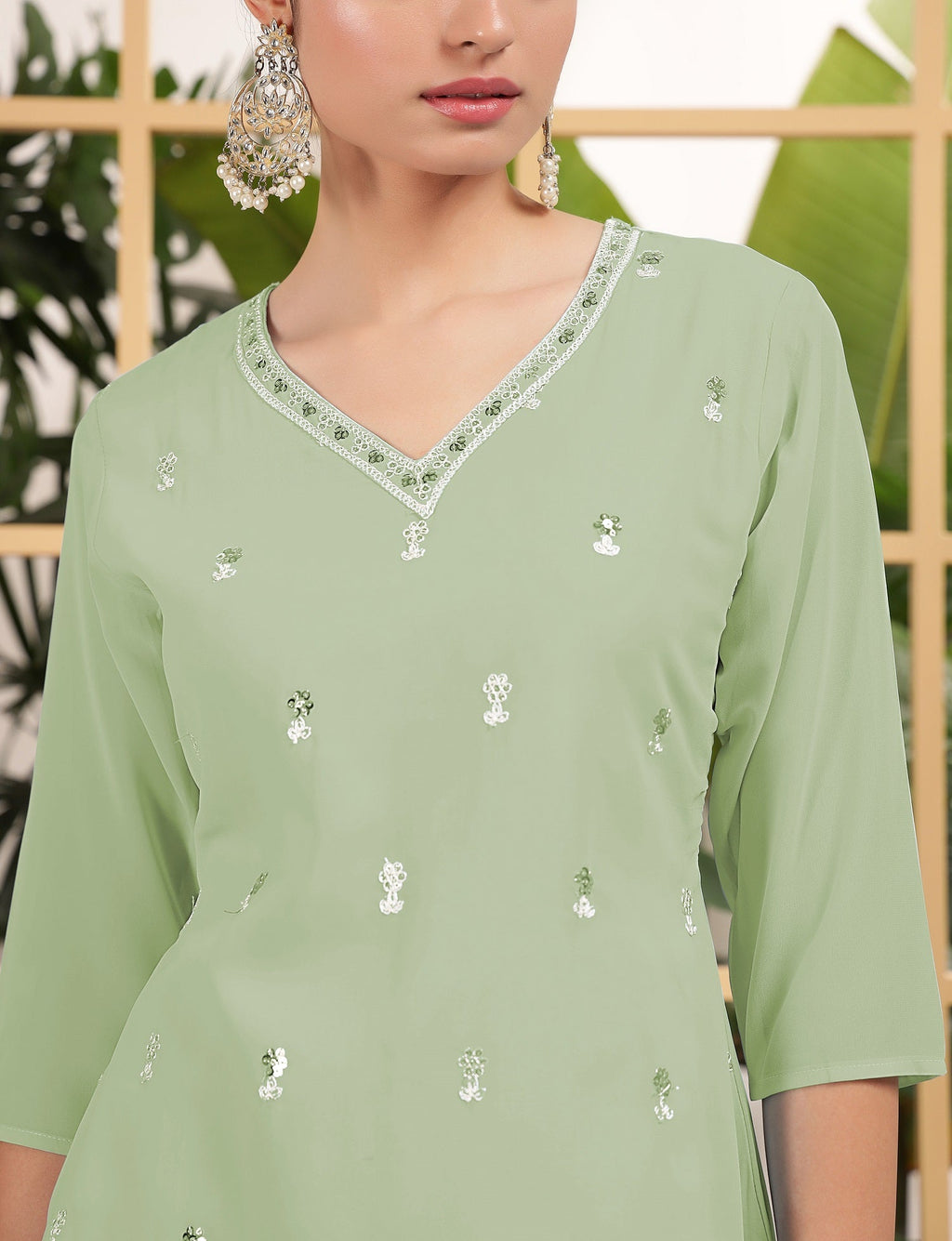 Teeya Creation Pista Color Georgette Fabric Heavy Embroidery Work Fully Stitched Palazzo Set