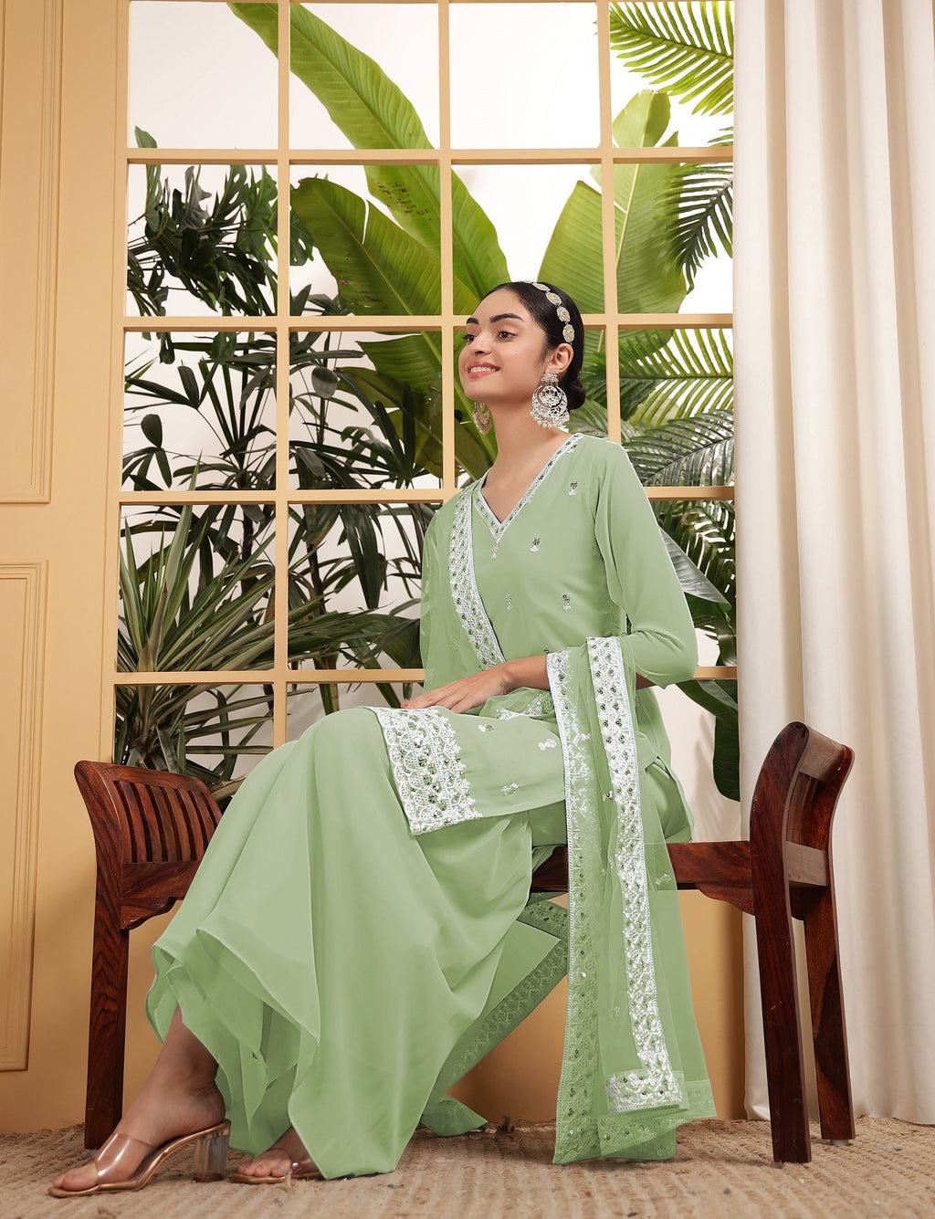 Teeya Creation Pista Color Georgette Fabric Heavy Embroidery Work Fully Stitched Palazzo Set
