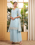 Teeya Creation Sky Color Georgette Fabric Heavy Embroidery Work Fully Stitched Palazzo Set