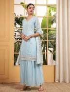 Teeya Creation Sky Color Georgette Fabric Heavy Embroidery Work Fully Stitched Palazzo Set
