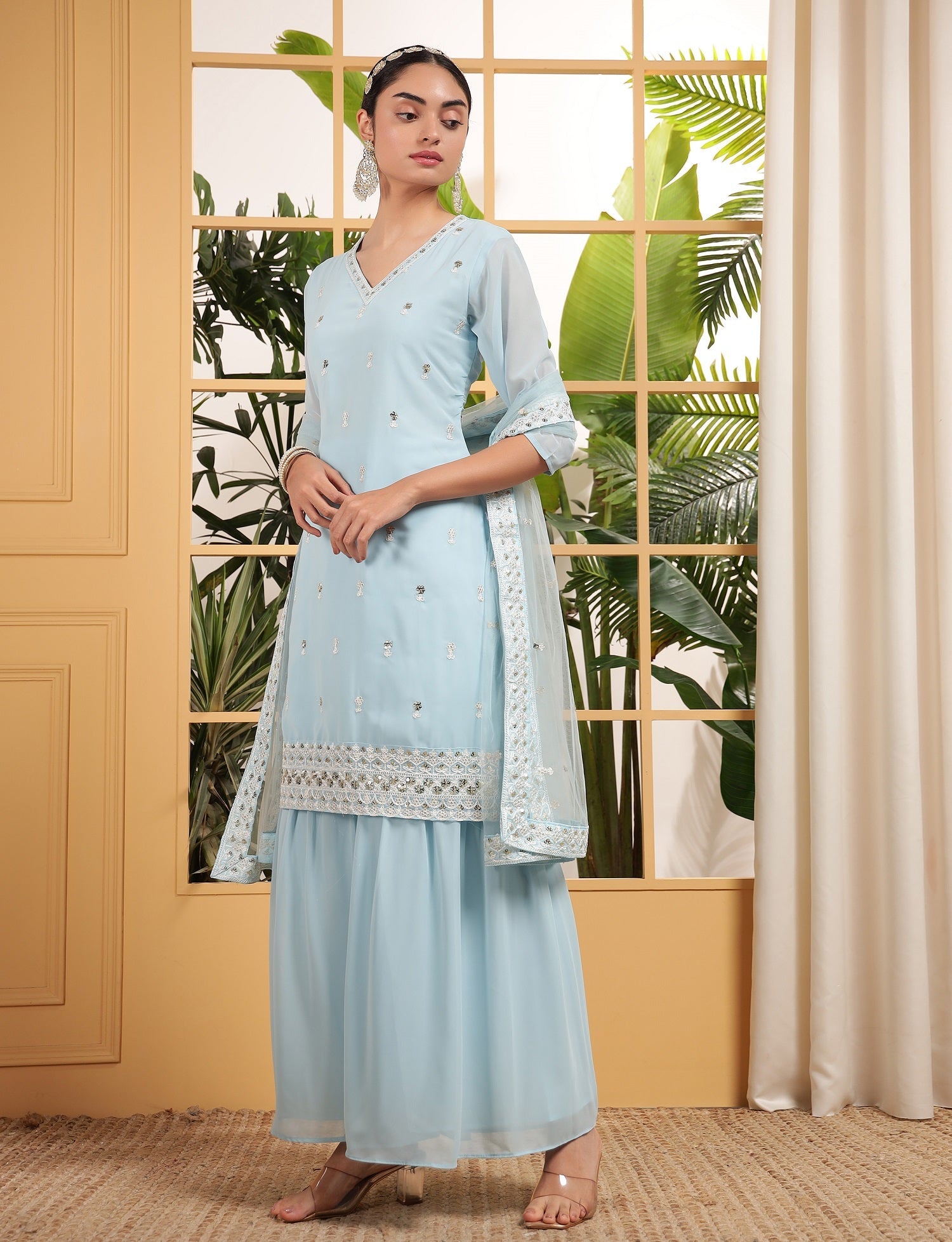 Teeya Creation Sky Color Georgette Fabric Heavy Embroidery Work Fully Stitched Palazzo Set