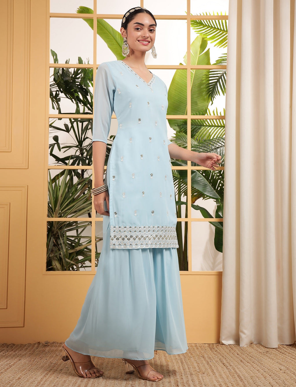 Teeya Creation Sky Color Georgette Fabric Heavy Embroidery Work Fully Stitched Palazzo Set