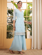 Teeya Creation Sky Color Georgette Fabric Heavy Embroidery Work Fully Stitched Palazzo Set