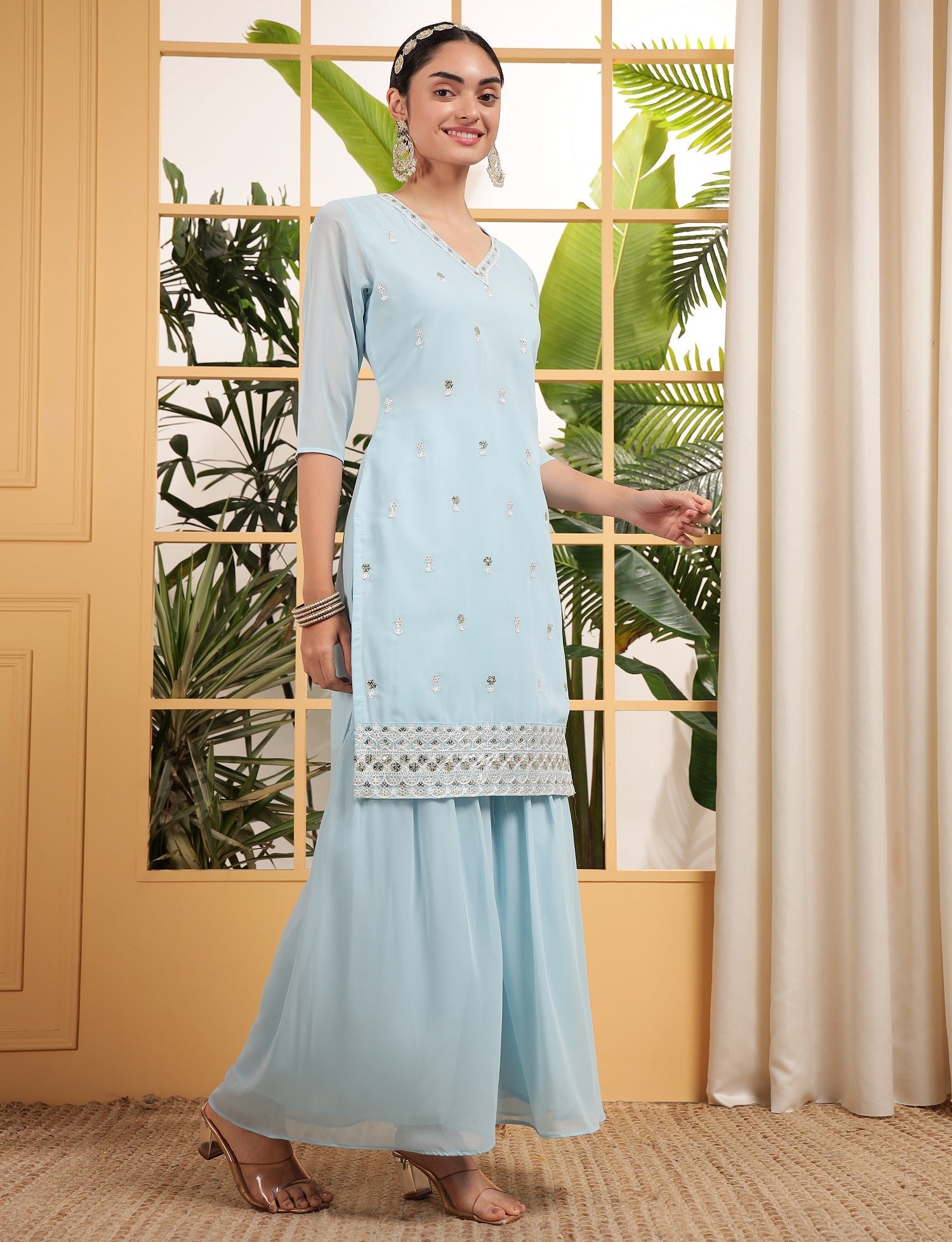 Teeya Creation Sky Color Georgette Fabric Heavy Embroidery Work Fully Stitched Palazzo Set