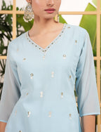 Teeya Creation Sky Color Georgette Fabric Heavy Embroidery Work Fully Stitched Palazzo Set