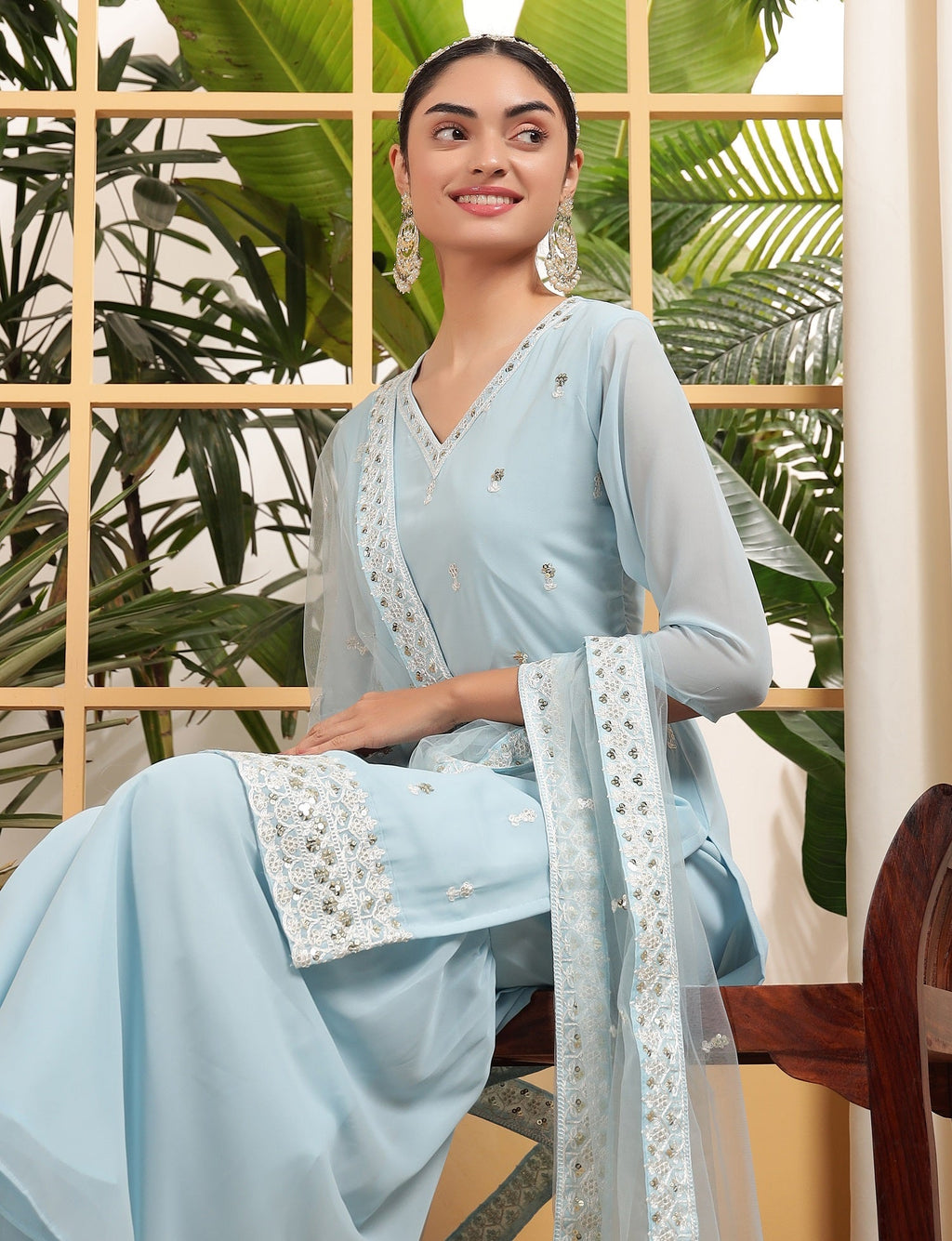 Teeya Creation Sky Color Georgette Fabric Heavy Embroidery Work Fully Stitched Palazzo Set