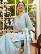 Teeya Creation Sky Color Georgette Fabric Heavy Embroidery Work Fully Stitched Palazzo Set