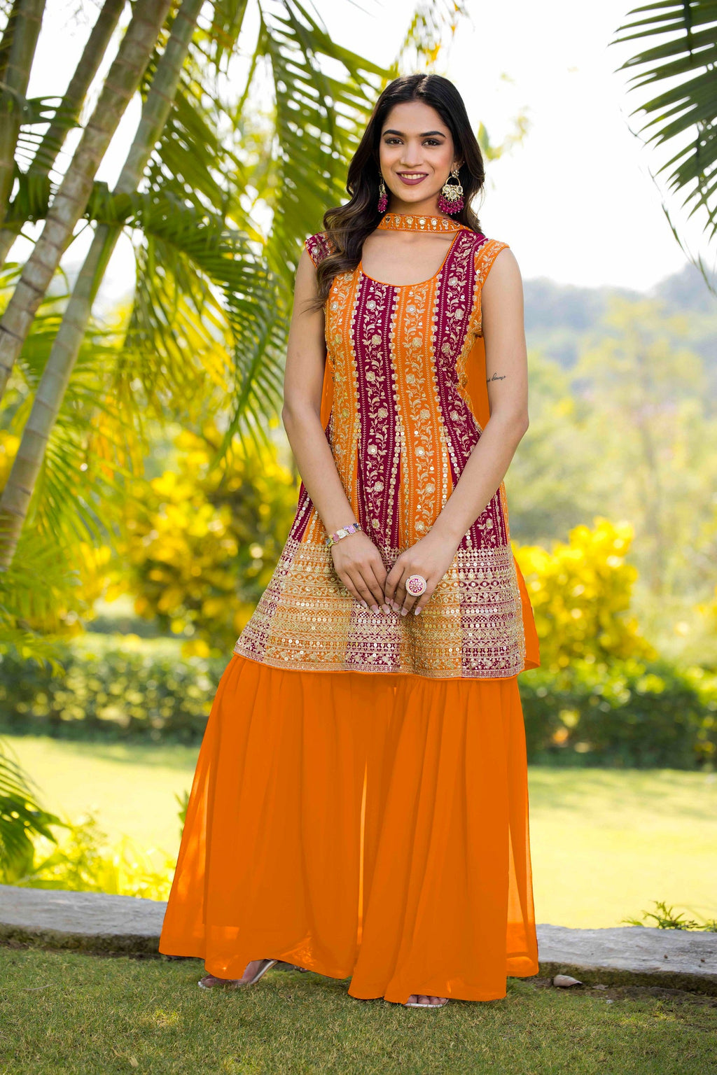 Teeya Creation Multi Color Georgette Heavy Embroidery Work Fully Stitched Palazzo Set