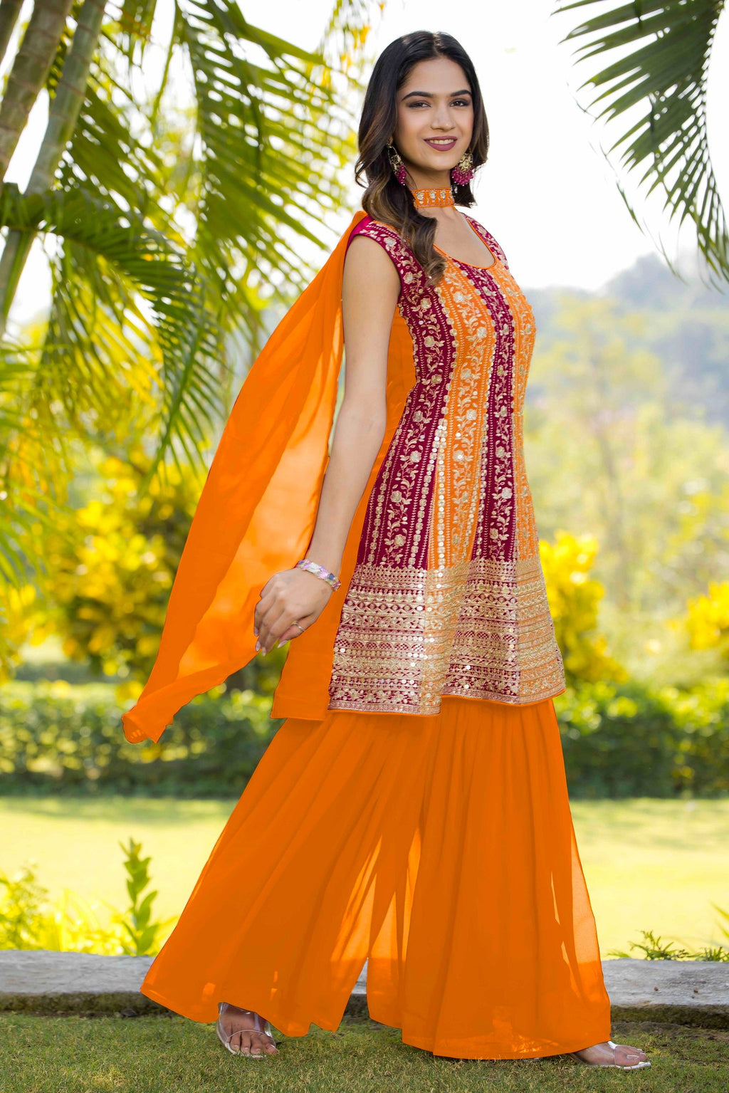 Teeya Creation Multi Color Georgette Heavy Embroidery Work Fully Stitched Palazzo Set