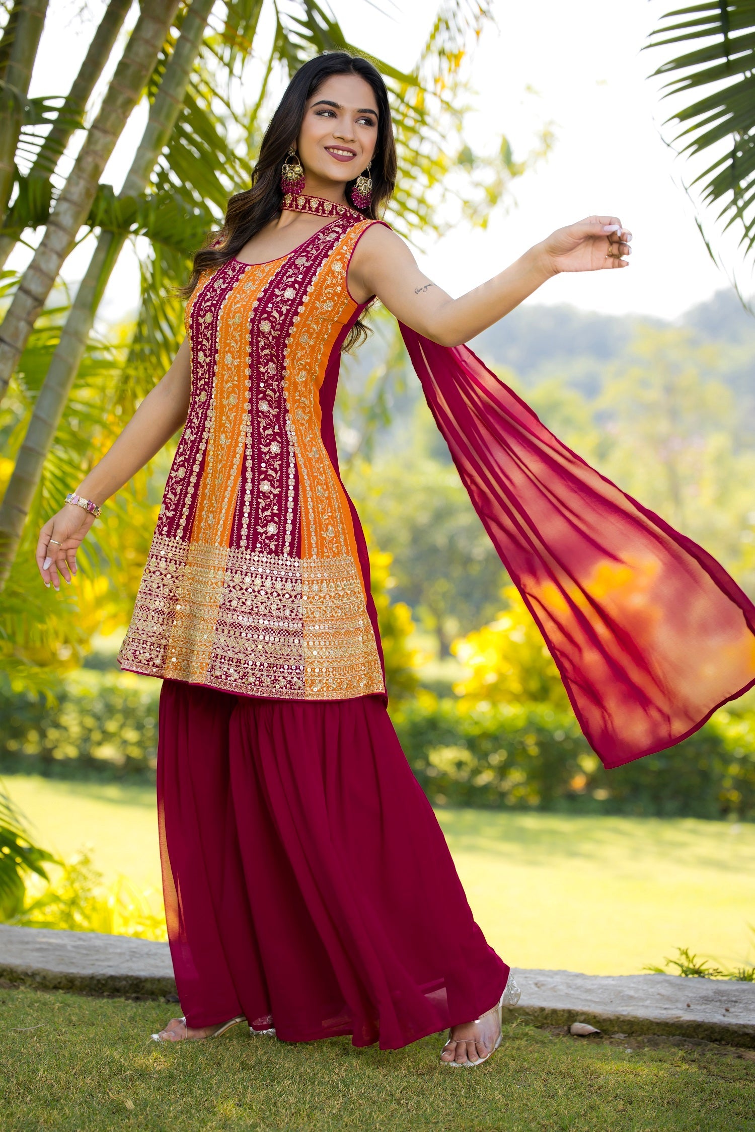 Teeya Creation Multi Color Georgette Heavy Embroidery Work Fully Stitched Palazzo Set