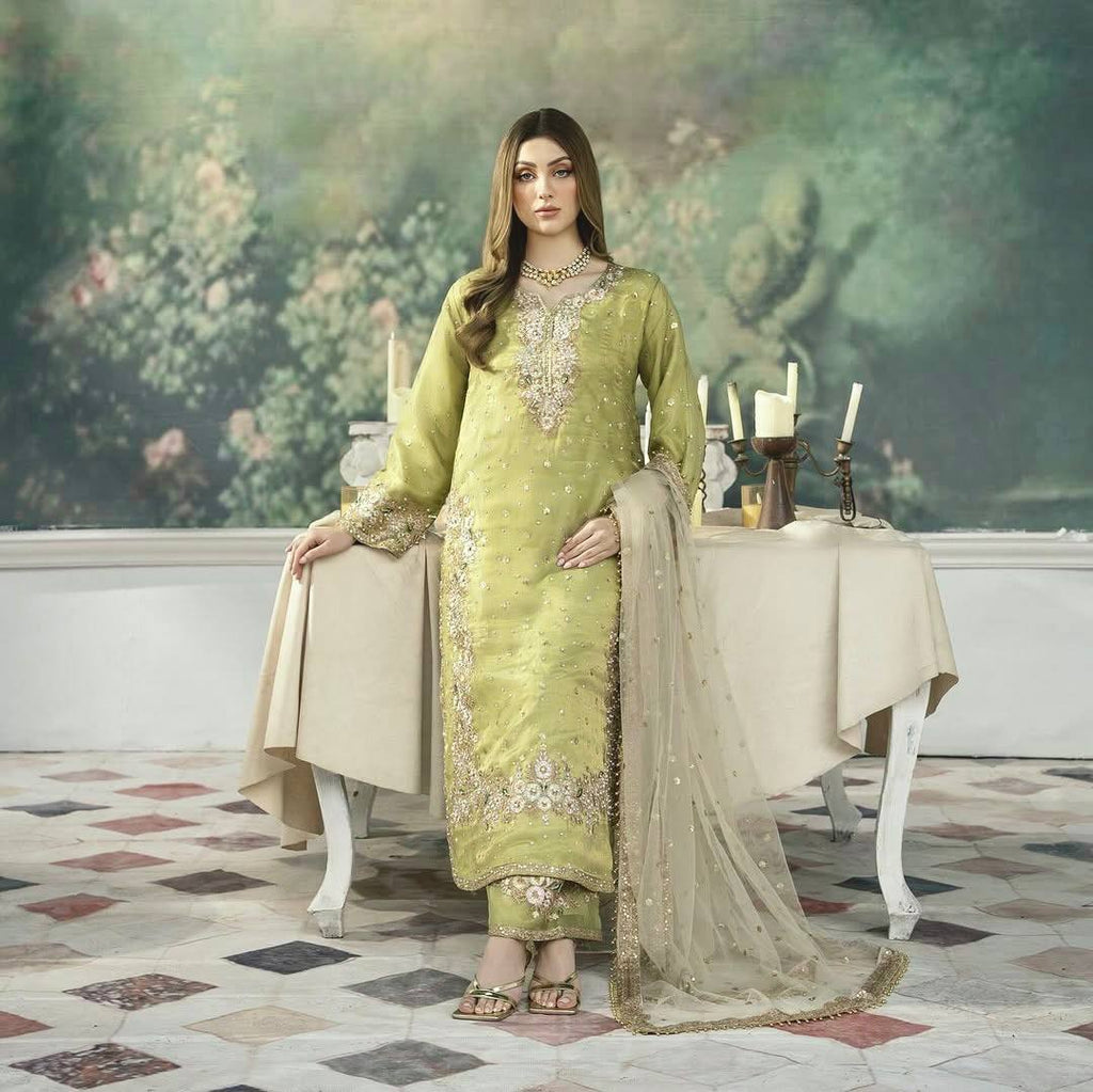 Teeya Creation Olive Color Pure Zimichhu Silk Embroidery Work Fully Stitched Palazzo Pair