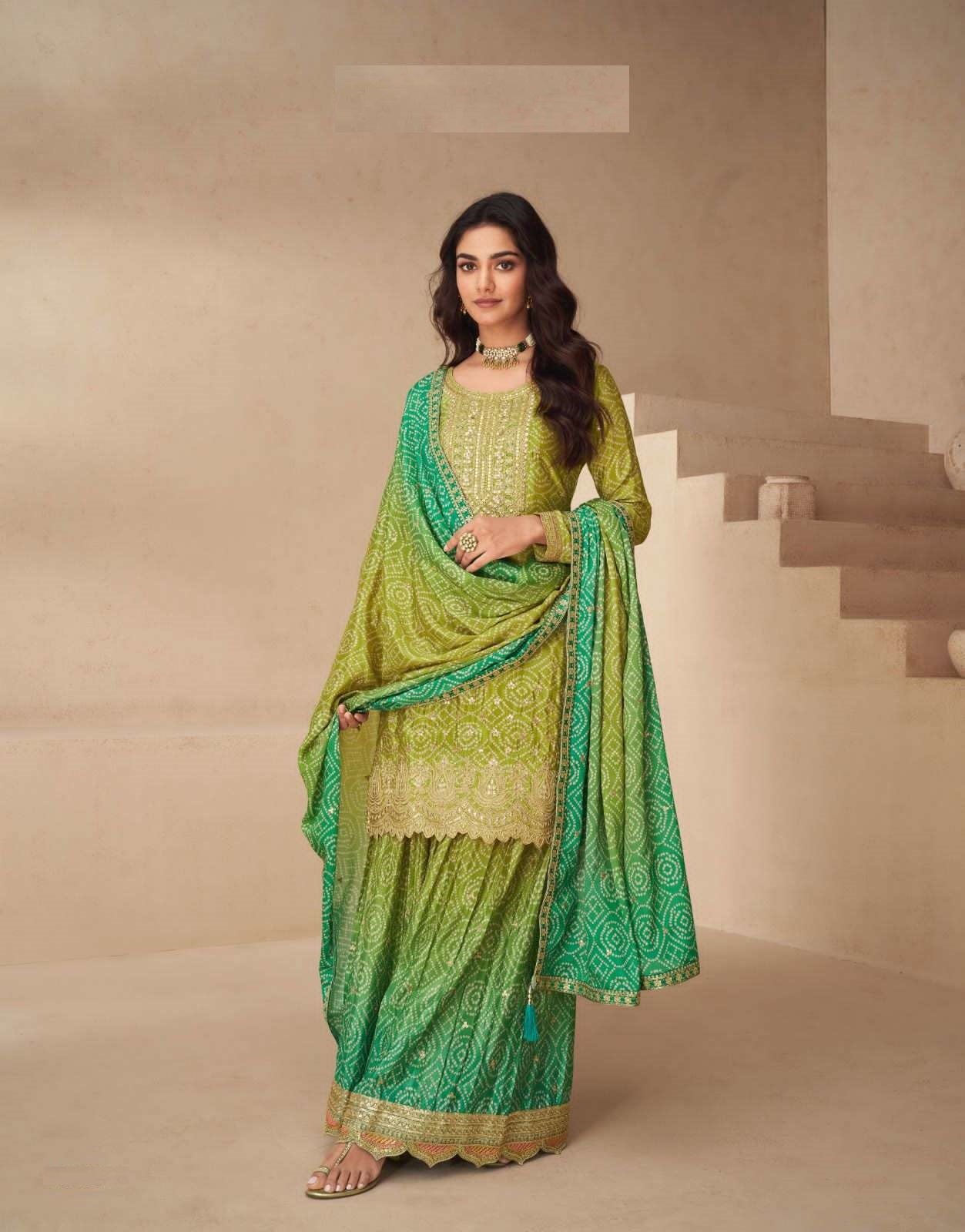 Teeya Creation Multi Color Chinnon Silk Digital Print With Embroidery Work Fully Stitched Palazzo Pair