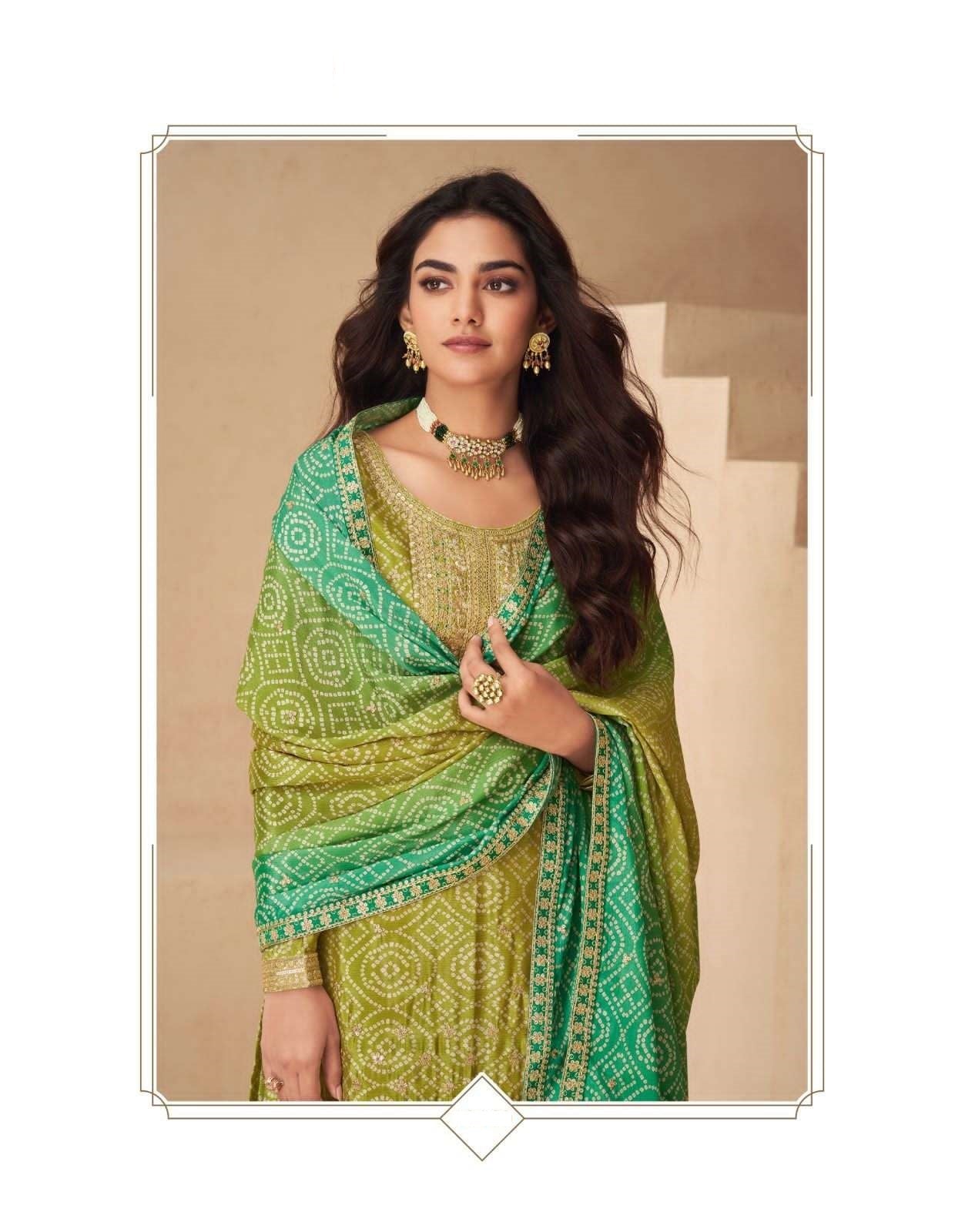 Teeya Creation Multi Color Chinnon Silk Digital Print With Embroidery Work Fully Stitched Palazzo Pair