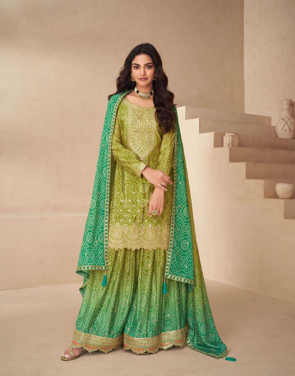 Teeya Creation Multi Color Chinnon Silk Digital Print With Embroidery Work Fully Stitched Palazzo Pair