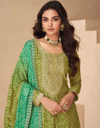 Teeya Creation Multi Color Chinnon Silk Digital Print With Embroidery Work Fully Stitched Palazzo Pair