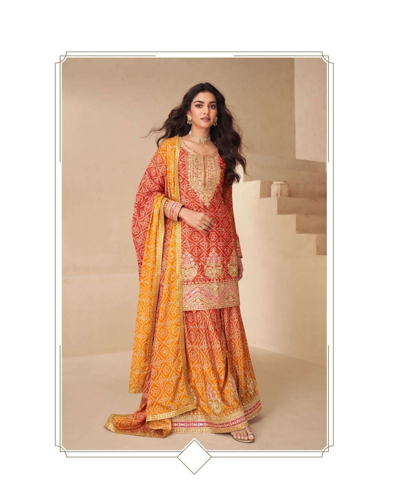 Teeya Creation Multi Color Chinnon Silk Digital Print With Embroidery Work Fully Stitched Palazzo Pair