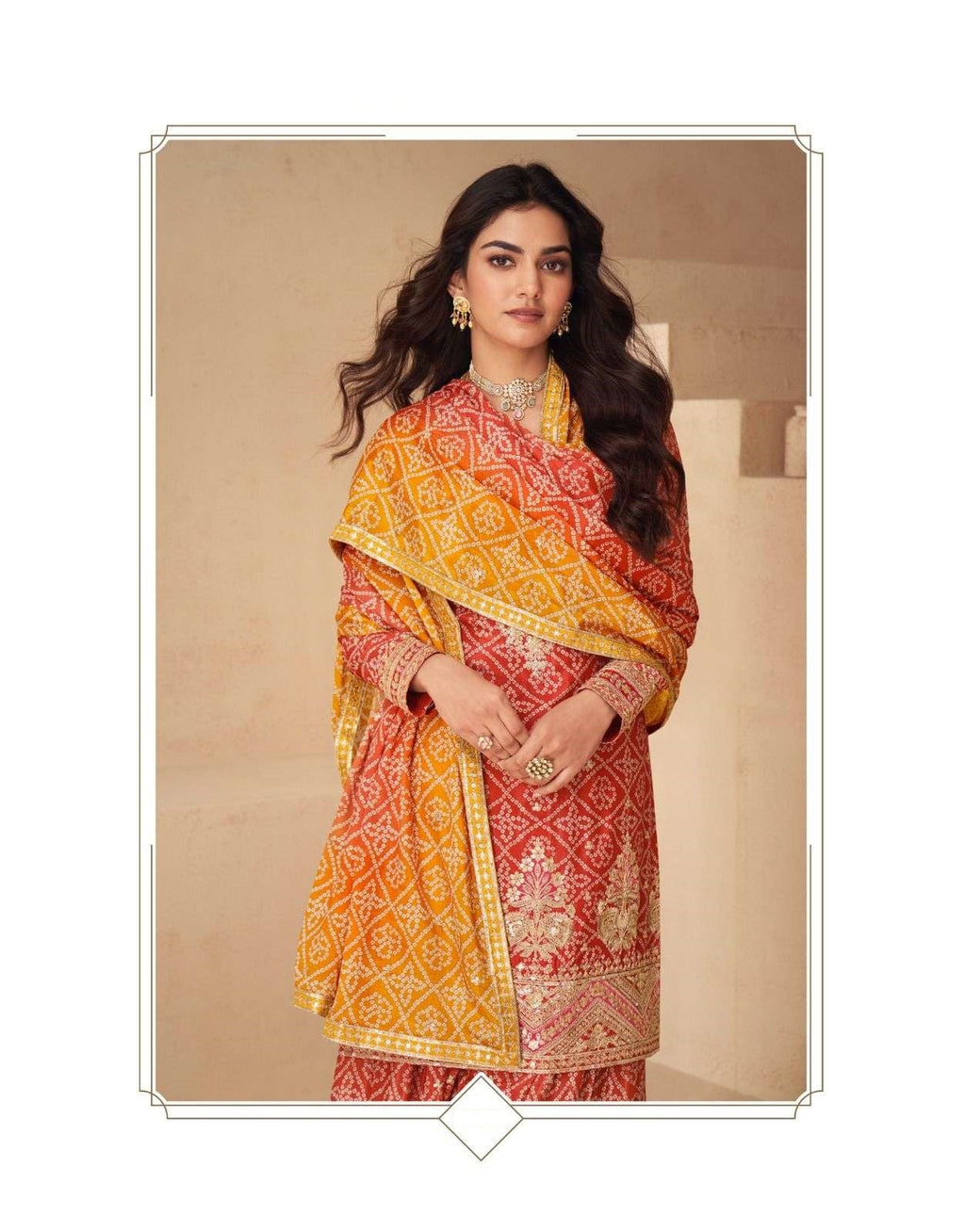 Teeya Creation Multi Color Chinnon Silk Digital Print With Embroidery Work Fully Stitched Palazzo Pair