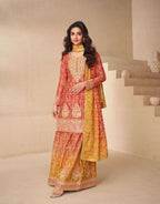 Teeya Creation Multi Color Chinnon Silk Digital Print With Embroidery Work Fully Stitched Palazzo Pair