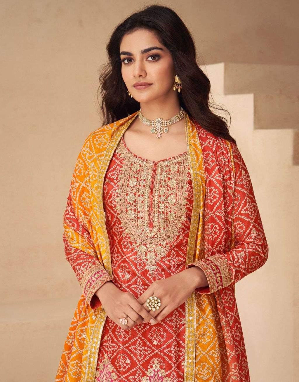 Teeya Creation Multi Color Chinnon Silk Digital Print With Embroidery Work Fully Stitched Palazzo Pair